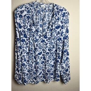 GAP | Women's Size L V-Neck  Ruffle Neck Long Sleeve Blue Design Blouse